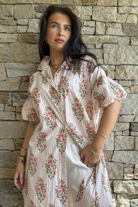 Mika Flower & Stripe Duster Shirt Pink